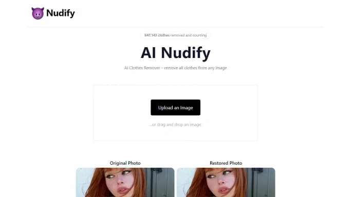 Ai Nudify — бесплатная нейросеть для раздевания девушек (18+). Бесплатная версия с ограниченным функционалом, есть платные тарифы.