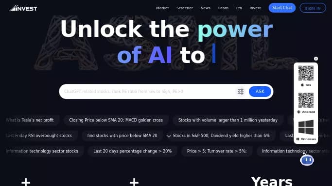 AInvest — бесплатная нейросеть для работы с финансами. Бесплатная версия с ограниченным функционалом, есть платные тарифы.