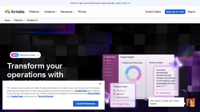 Airtable AI — бесплатная нейросеть для помощи в автоматизации, для анализа данных, для no Code/Low Code разработки, для повышения продуктивности. Бесплатная версия с ограниченным функционалом, есть платные тарифы.