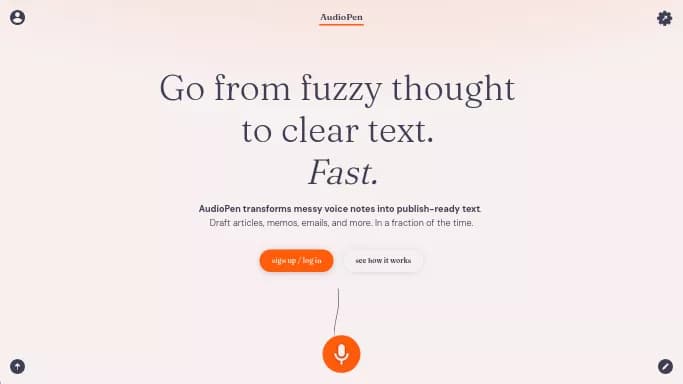 AudioPen — бесплатная нейросеть для транскрибации аудио и видео, для повышения продуктивности, для помощи в образовании. Бесплатная версия с ограниченным функционалом, есть платные тарифы.