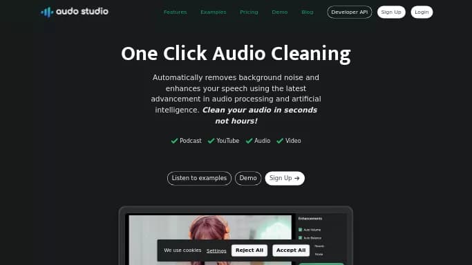 Audo Studio — бесплатная нейросеть для редактирования аудио. Бесплатная версия с ограниченным функционалом, есть платные тарифы.