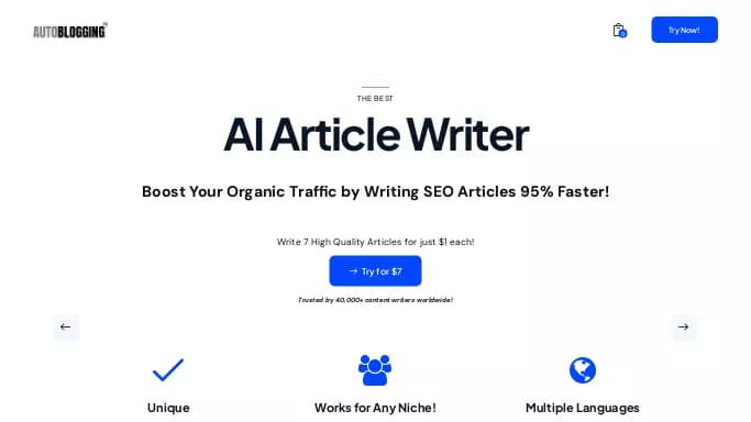 Autoblogging.ai — платная нейросеть для копирайтинга. Бесплатная версия с ограниченным функционалом, есть платные тарифы.