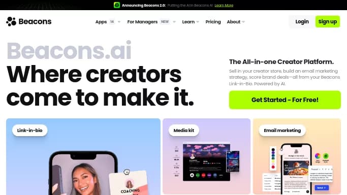 Beacons.ai — бесплатная нейросеть для маркетинга, для SMM. Бесплатная версия с ограниченным функционалом, есть платные тарифы.