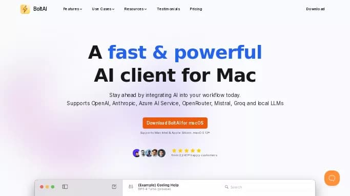BoltAI — платная нейросеть для разработки программного обеспечения. Бесплатная версия с ограниченным функционалом, есть платные тарифы.