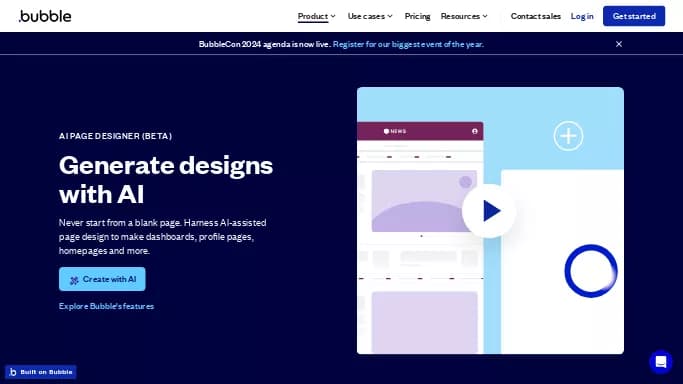 Bubble — бесплатная нейросеть для no Code/Low Code разработки, для дизайна. Бесплатная версия с ограниченным функционалом, есть платные тарифы.