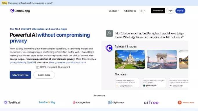 CamoCopy — бесплатная нейросеть — чат-бот. Бесплатная версия с ограниченным функционалом, есть платные тарифы.