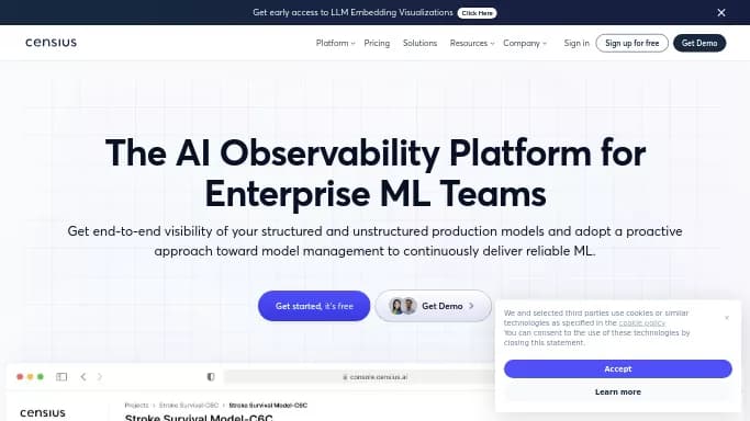 Censius — бесплатная нейросеть для анализа данных, для разработки программного обеспечения. Бесплатная версия с ограниченным функционалом, есть платные тарифы.
