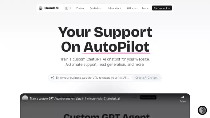 Chaindesk — бесплатная нейросеть — чат-бот, для маркетинга. Бесплатная версия с ограниченным функционалом, есть платные тарифы.