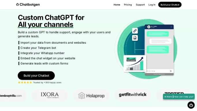 ChatbotGen — платная нейросеть для маркетинга, — чат-бот, в сфере недвижимости и архитектуры. Бесплатная версия с ограниченным функционалом, есть платные тарифы.