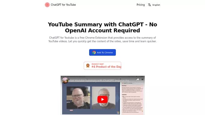 ChatGPT for YouTube — бесплатная нейросеть , расширения ChatGPT, для повышения продуктивности, для суммаризации текста, для помощи в образовании.
