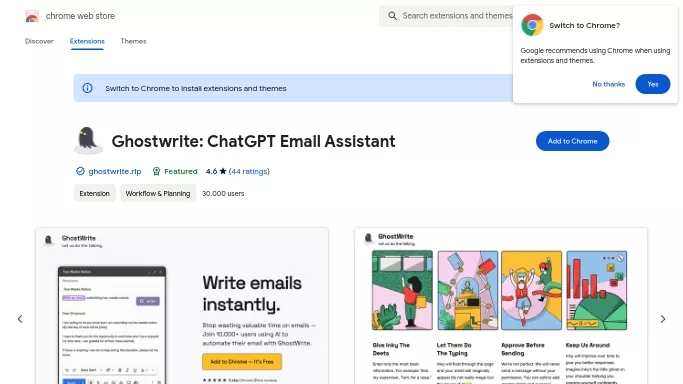 Ghostwrite — бесплатная нейросеть для работы с электронной почтой, , расширения ChatGPT, для повышения продуктивности. Бесплатная версия с ограниченным функционалом, есть платные тарифы.