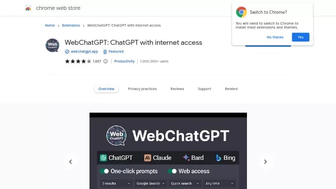 WebChatGPT — бесплатная нейросеть , расширения ChatGPT, для повышения продуктивности.