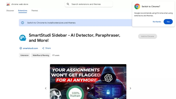 SmartStudi Sidebar — бесплатная нейросеть для определения ИИ, для копирайтинга. Бесплатная версия с ограниченным функционалом, есть платные тарифы.