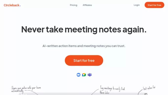 Circleback — бесплатная нейросеть для маркетинга, для повышения продуктивности, для транскрибации аудио и видео, для помощи в образовании.