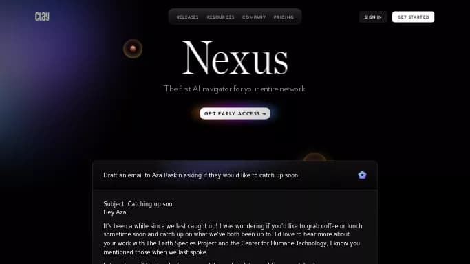 Nexus - Clay — бесплатная нейросеть для работы с электронной почтой, для повышения продуктивности, для помощи в автоматизации, помогающие в управлении персоналом. Бесплатная версия с ограниченным функционалом, есть платные тарифы.