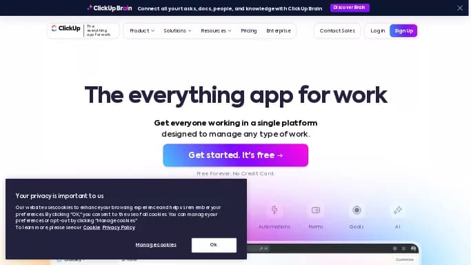 ClickUp — бесплатная нейросеть для маркетинга, для повышения продуктивности, для помощи в автоматизации. Бесплатная версия с ограниченным функционалом, есть платные тарифы.
