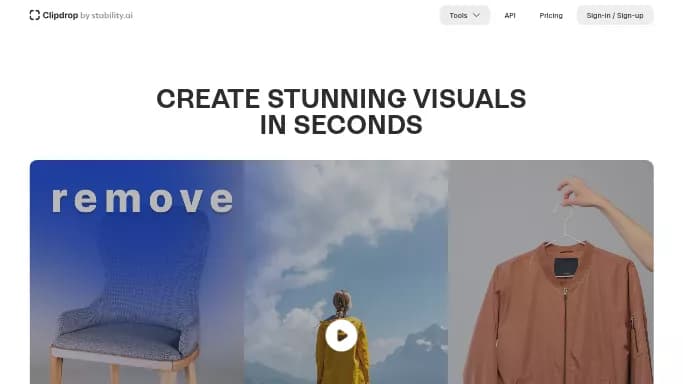 Clipdrop — бесплатная нейросеть для создания изображений, для редактирования изображений. Бесплатная версия с ограниченным функционалом, есть платные тарифы.