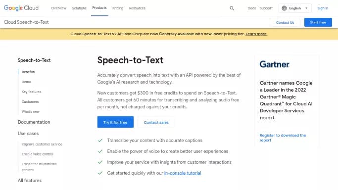 Google Cloud Speech to Text — платная нейросеть для разработки программного обеспечения, для создания голоса. Бесплатная версия с ограниченным функционалом, есть платные тарифы.