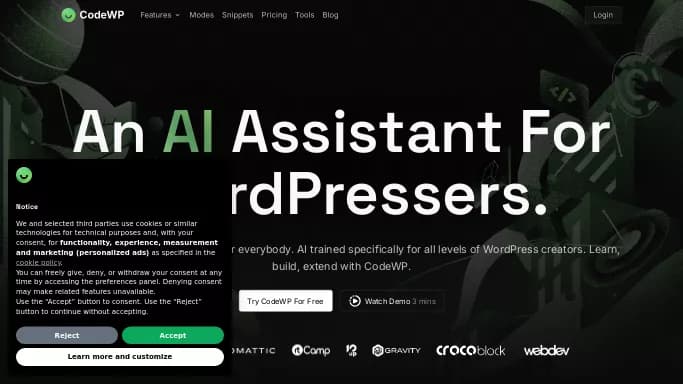 CodeWP — бесплатная нейросеть для разработки программного обеспечения. Бесплатная версия с ограниченным функционалом, есть платные тарифы.