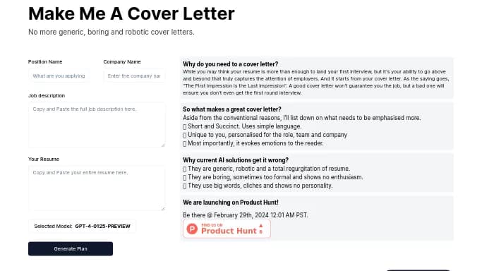 Make Me A Cover Letter — бесплатная нейросеть помогающие в управлении персоналом.