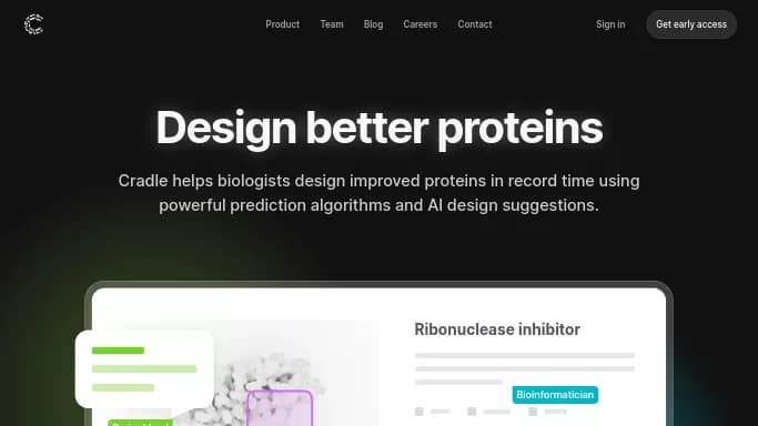 Cradle — платная нейросеть в медицине, для научно-исследовательской деятельности. Бесплатная версия с ограниченным функционалом, есть платные тарифы.
