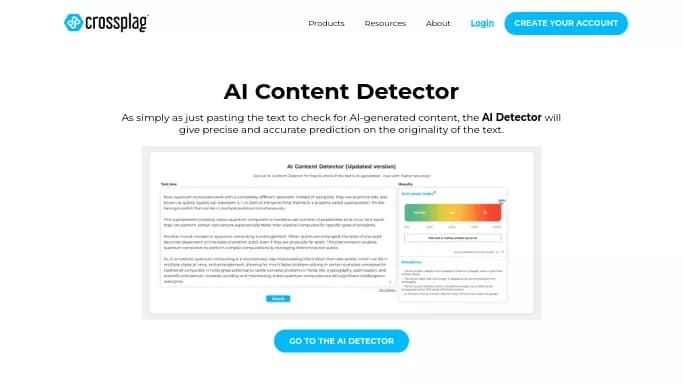 Crossplag’s AI detector — бесплатная нейросеть для определения ИИ, для копирайтинга. Бесплатная версия с ограниченным функционалом, есть платные тарифы.