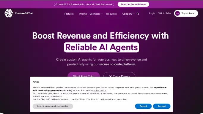 CustomGPT.ai — платная нейросеть — чат-бот, для маркетинга, , автономные ИИ (AGI). Бесплатная версия с ограниченным функционалом, есть платные тарифы.
