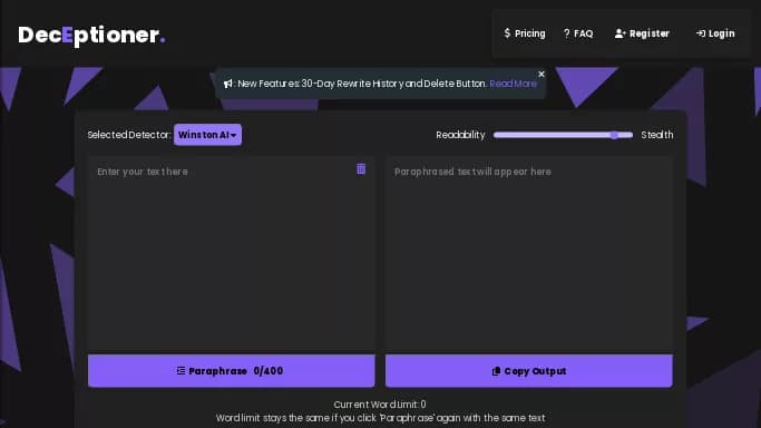 DecEptioner — платная нейросеть для копирайтинга. Бесплатная версия с ограниченным функционалом, есть платные тарифы.