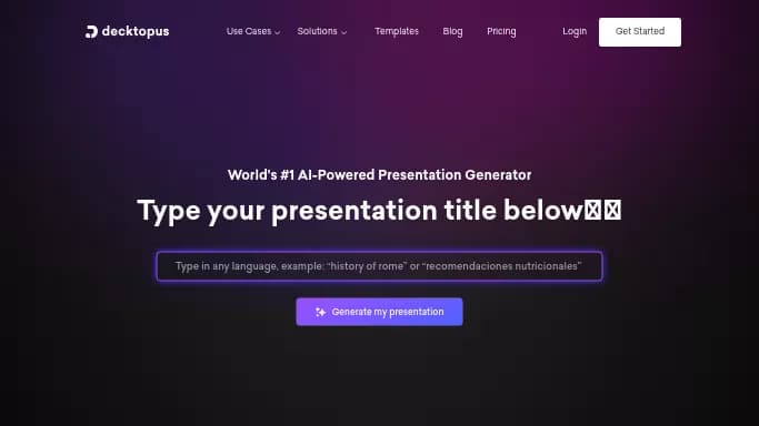 Decktopus — бесплатная нейросеть для создания презентаций. Бесплатная версия с ограниченным функционалом, есть платные тарифы.