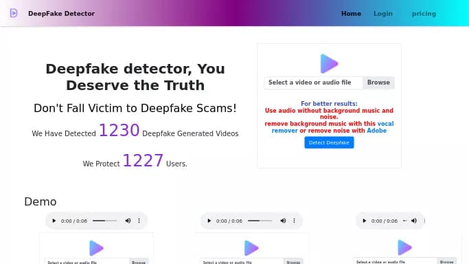 DeepFake Detector — платная нейросеть для определения ИИ, для копирайтинга, для дипфейк(deepfake). Бесплатная версия с ограниченным функционалом, есть платные тарифы.