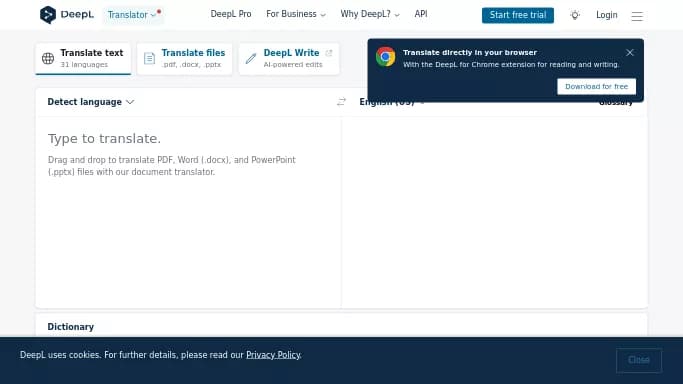 Deepl — бесплатная нейросеть — полезные ИИ, для помощи в образовании, для перевода. Бесплатная версия с ограниченным функционалом, есть платные тарифы.