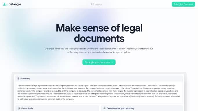 Detangle AI — платная нейросеть в области права, для суммаризации текста, для повышения продуктивности, для помощи в образовании. Бесплатная версия с ограниченным функционалом, есть платные тарифы.