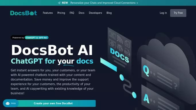 DocsBot AI — платная нейросеть для маркетинга. Бесплатная версия с ограниченным функционалом, есть платные тарифы.