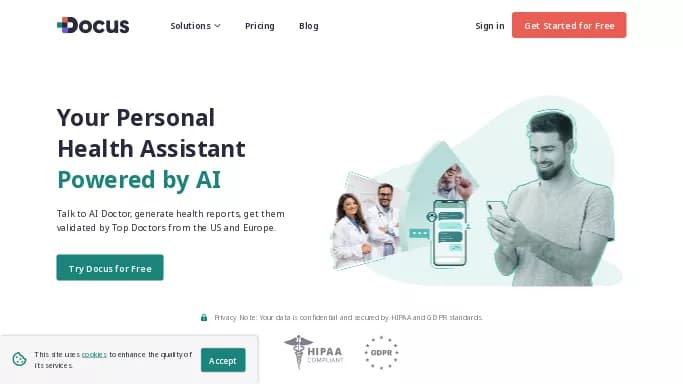 Docus AI — бесплатная нейросеть и ассистивные технологии, в медицине. Бесплатная версия с ограниченным функционалом, есть платные тарифы.