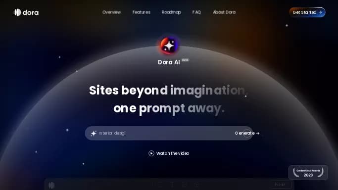 Dora AI — бесплатная нейросеть для no Code/Low Code разработки, для дизайна, для маркетинга. Бесплатная версия с ограниченным функционалом, есть платные тарифы.