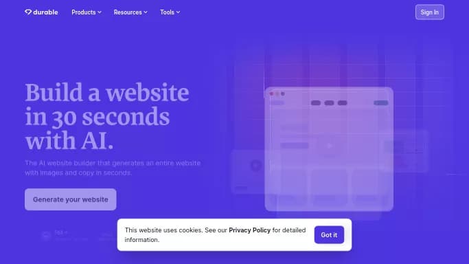 Durable — платная нейросеть для маркетинга, для no Code/Low Code разработки. Бесплатная версия с ограниченным функционалом, есть платные тарифы.