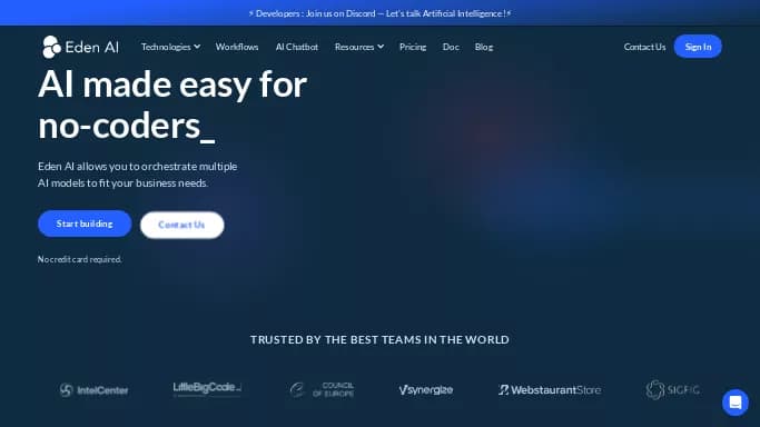 Eden AI — бесплатная нейросеть , автономные ИИ (AGI). Бесплатная версия с ограниченным функционалом, есть платные тарифы.