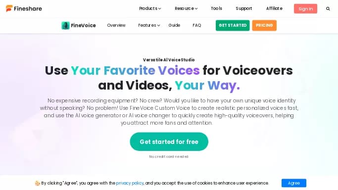 FineVoice 2.0 — бесплатная нейросеть для редактирования аудио. Бесплатная версия с ограниченным функционалом, есть платные тарифы.