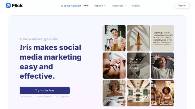 Flick — бесплатная нейросеть для SMM. Бесплатная версия с ограниченным функционалом, есть платные тарифы.