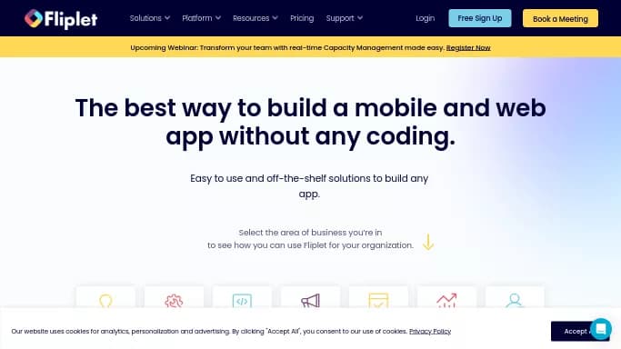 Fliplet — бесплатная нейросеть для no Code/Low Code разработки. Бесплатная версия с ограниченным функционалом, есть платные тарифы.