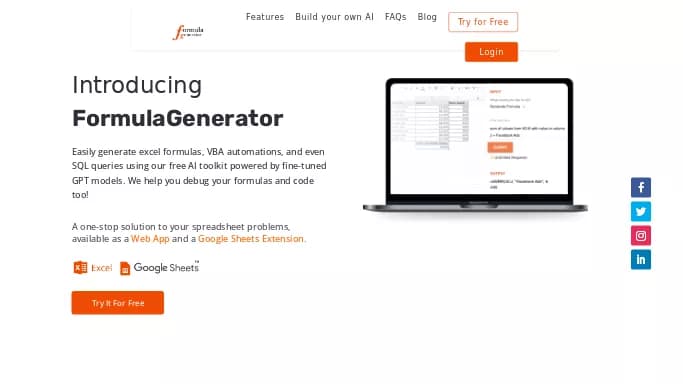 Formula Generator — бесплатная нейросеть для таблиц и PDF, для разработки программного обеспечения, для анализа данных. Бесплатная версия с ограниченным функционалом, есть платные тарифы.