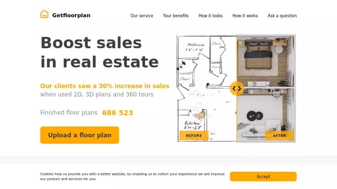 GetFloorPlan — бесплатная нейросеть в сфере недвижимости и архитектуры. Бесплатная версия с ограниченным функционалом, есть платные тарифы.