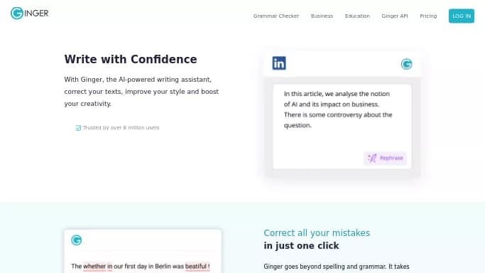 Ginger AI — бесплатная нейросеть для копирайтинга. Бесплатная версия с ограниченным функционалом, есть платные тарифы.