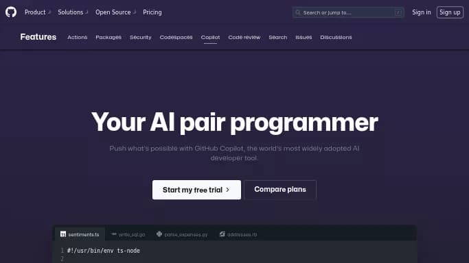 GitHub Copilot AI — бесплатная нейросеть для разработки программного обеспечения, Open Source. Бесплатная версия с ограниченным функционалом, есть платные тарифы.