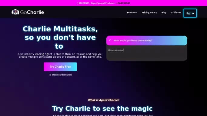 Go Charlie — бесплатная нейросеть для создания изображений, для маркетинга. Бесплатная версия с ограниченным функционалом, есть платные тарифы.