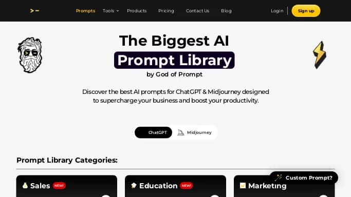 AI Prompt Library — бесплатная нейросеть для генерации промптов, для маркетинга, для копирайтинга. Бесплатная версия с ограниченным функционалом, есть платные тарифы.