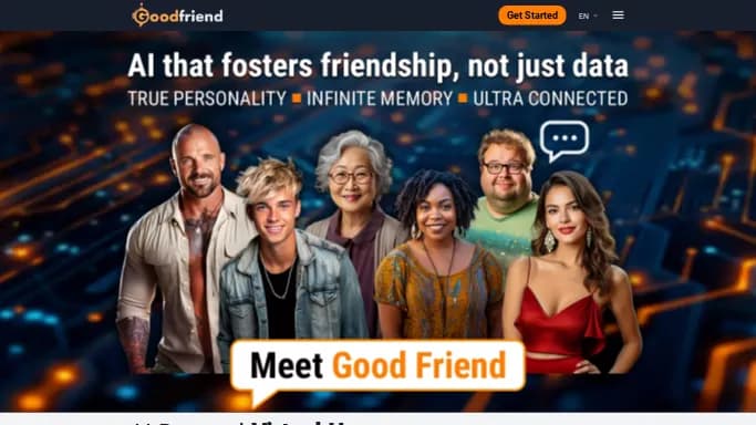 GoodFriend AI — платная нейросеть для развлечений, для повышения продуктивности, для помощи в автоматизации, , автономные ИИ (AGI). Бесплатная версия с ограниченным функционалом, есть платные тарифы.