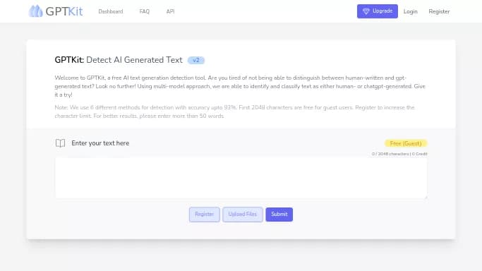GPTKit — бесплатная нейросеть для определения ИИ, для копирайтинга. Бесплатная версия с ограниченным функционалом, есть платные тарифы.