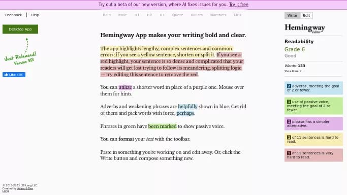 Hemingway App — бесплатная нейросеть для помощи в образовании, для копирайтинга. Бесплатная версия с ограниченным функционалом, есть платные тарифы.