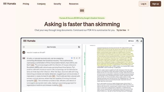 Humata AI — бесплатная нейросеть для помощи в образовании, для таблиц и PDF. Бесплатная версия с ограниченным функционалом, есть платные тарифы.